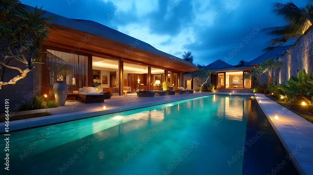 Fototapeta premium Minimalist tropical villa with pool and garden, embodying serene simplicity and harmony.