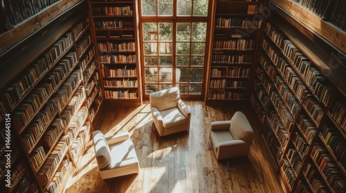 Modern library or bookstore interior with Learning and coworking space,relax zone,Library with rows of bookshelves arranged,school,university,shared desk and chairs,panoramic window.