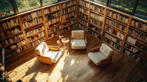 Modern library or bookstore interior with Learning and coworking space,relax zone,Library with rows of bookshelves arranged,school,university,shared desk and chairs,panoramic window.