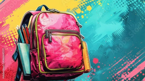 A pop-art style backpack filled with school supplies, including notebooks, pencils, and a tablet, against a vibrant, bold background. 