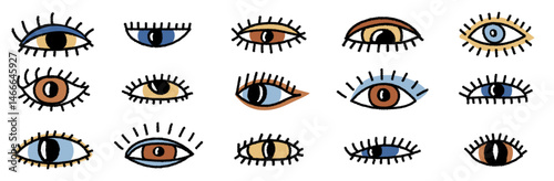 Set of ink drawn eyes. Colorful human parts of faces elements, various opened eyes. Modern grunge ink vision icon, ophthalmologist symbol. Vector illustration