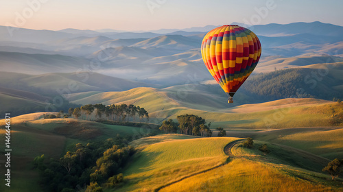 Hot air balloon in the mountains.