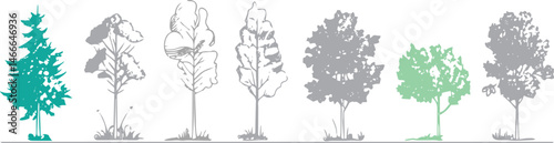 silhouette tree set, Side view, set of graphics trees elements outline symbol for architecture and landscape design. Vector illustration