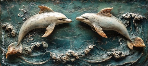 art beautifully of Dolphin jumps ocean with freedom concept. Elegant and surreal, with emphasis on natural forms. 3D bas-relief style