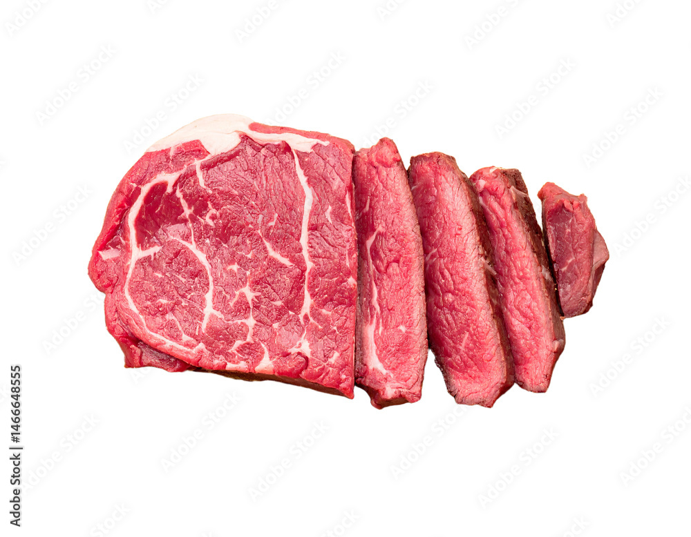 Fototapeta premium Sliced Raw Beef Steak Isolated Fresh Meat Cuts for Grilling BBQ Transparent Background