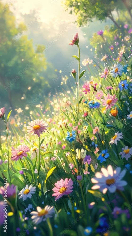 Fototapeta premium Vibrant meadow bathed in sunlight