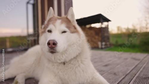 portrait of happy and fluffy siberian husky dog laying outside the country house