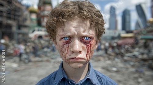 A young boy with blue eyes and tears of blood stands in a devastated city