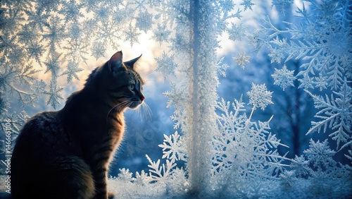 Feline silhouette against frosty windowpane on a cold winter morning, snowflakes, window,  snowflakes