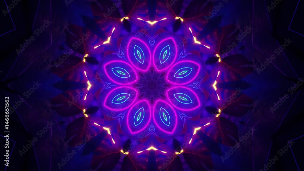 Blue and purple flower with green center on black background. Kaleidoscope VJ loop