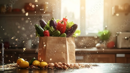 Assortment Of Fresh Vegetables In Brown Paper Bag On Kitchen Counter With Sunlight