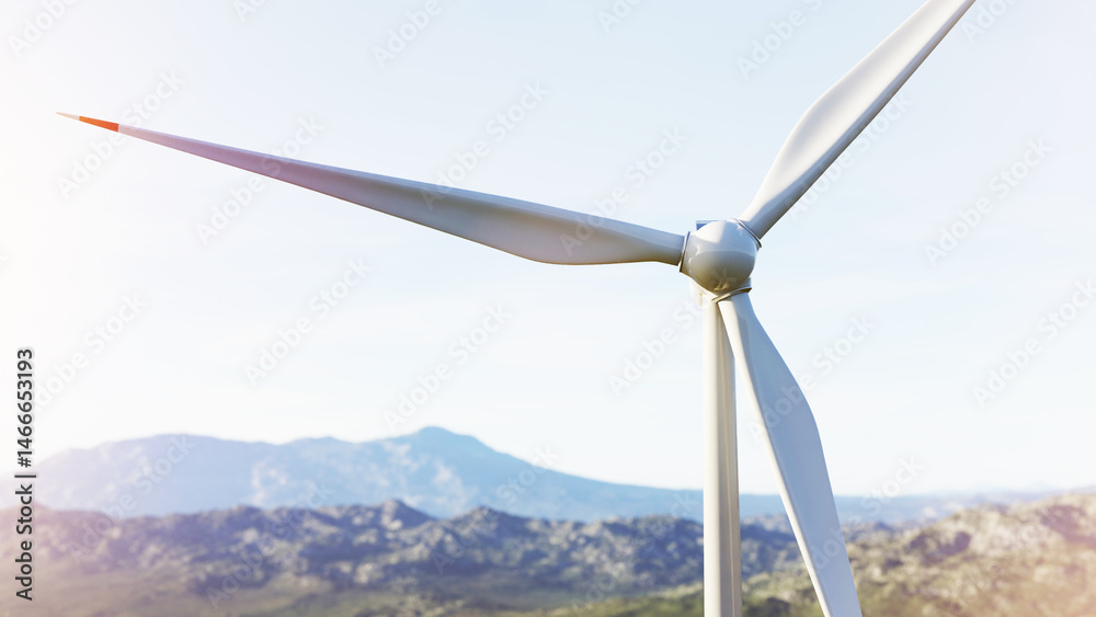 Wind turbine rotating and generating clean energy with a mountain landscape in the background