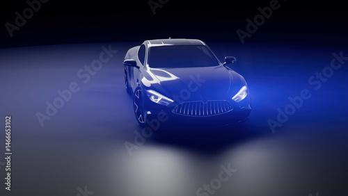 3d rendering of a generic modern black sports car shining its headlights in a dark studio