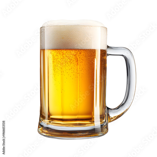 A frosty mug of golden beer sits on a white background, filled with bubbly refreshment and a thick head of foam, tempting the viewer with its cool allure.