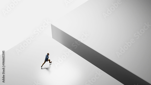 Businessman running on white surface towards a gap representing challenge in business