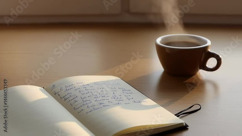 Cozy Morning with Open Notebook and Coffee – Handwritten Notes in Soft Natural Light