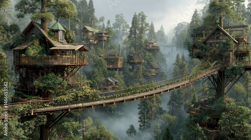 Fotografie Hanging bridge between cabins over misty redwood gorge