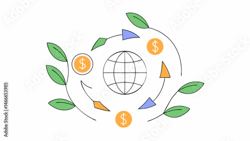 Global Ethical Investing with Financial Icons and Environmental Elements