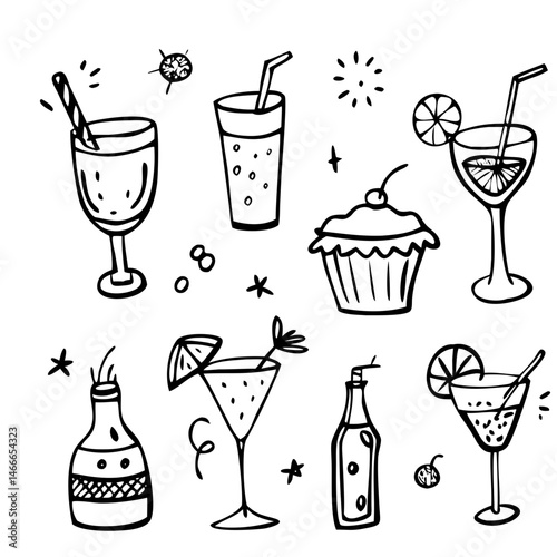 Coquettish merry Christmas set, vector hand drawn New Year doodle illustration, pink ribbon bow. Winter holiday celebration dinner champagne bottle, elegant decoration cocktail glass. Christmas doodle