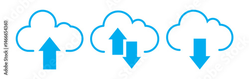 Collection cloud with arrow line icon. Upload and download cloud arrow vector symbols. cloud icon set, on white background.  Clouds with arrows up and down isolated blue signs