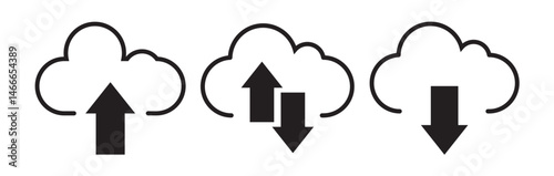 Collection cloud with arrow line icon. Upload and download cloud arrow vector symbols. cloud icon set, on white background.  Clouds with arrows up and down isolated blue signs