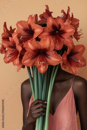 dark-skinned woman standing right in front of camera and holding huge bouquet of vinous amaryllis in front of her face. She is wearing vinous summer sundress.  color theme is vinous.