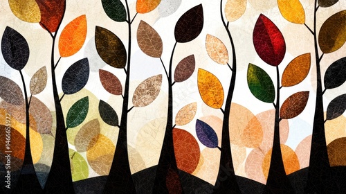 a colorful, artistic background featuring abstract Autumn leaf patterns in shades of gold , orange, and brown