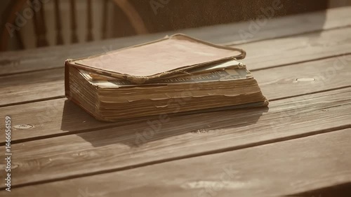 Stack of Vintage Books in Sunlight – Dust Particles and Rustic Wooden Table with Cinematic Glow