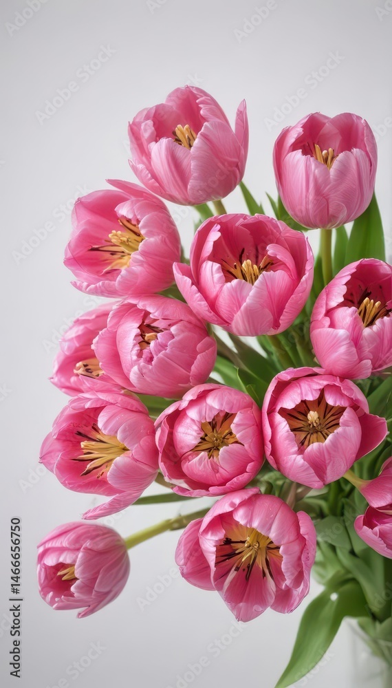 Obraz premium A cluster of vibrant pink tulips splayed on a pure white background , pink tulips, flower, celebration