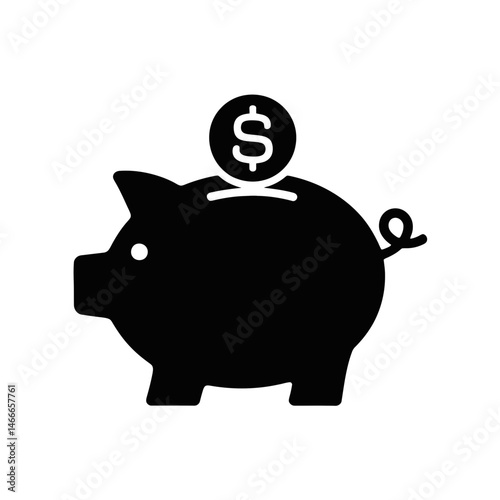 A black silhouette of a piggy bank is shown with a coin featuring a dollar symbol being inserted into it