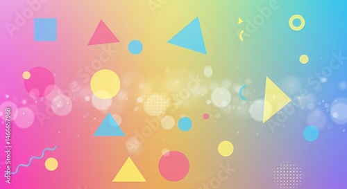 Abstract Geometric Rainbow Background Design with Pastel Shapes and Soft Bokeh