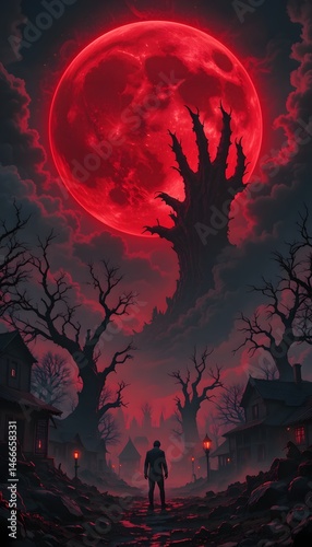 Spooky Halloween night scene with a full moon, dark silhouette trees, and an orange sky