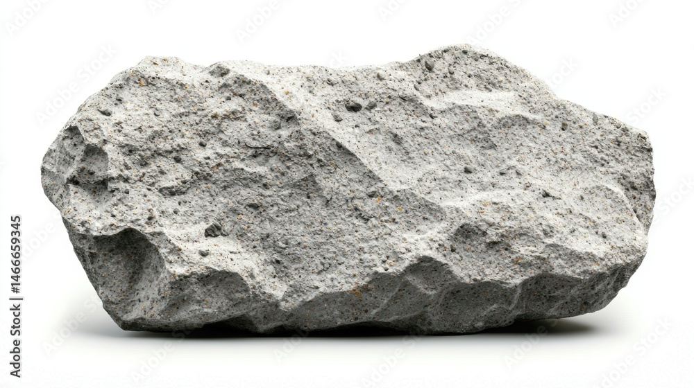 A large, gray rock with a rough texture and small, dark speckles sits on a white background. A large, gray rock with a rough texture and small, dark speckles sits on a white background.