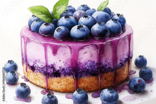 blueberries in a bowl, Watercolor blueberry Pound Cake, sweet color, topped with jam, white background
