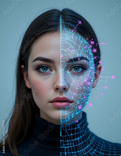 A beautiful and captivating photo of an elegant young woman with an AI on the other side of her face.
