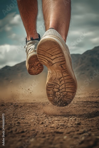 Obraz na płótnie Close-up of runner's feet on dirt trail in mid-stride w salonie