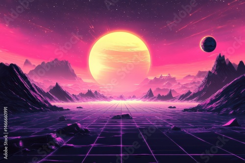 Futuristic neon landscape with massive glowing sun and distant mountains