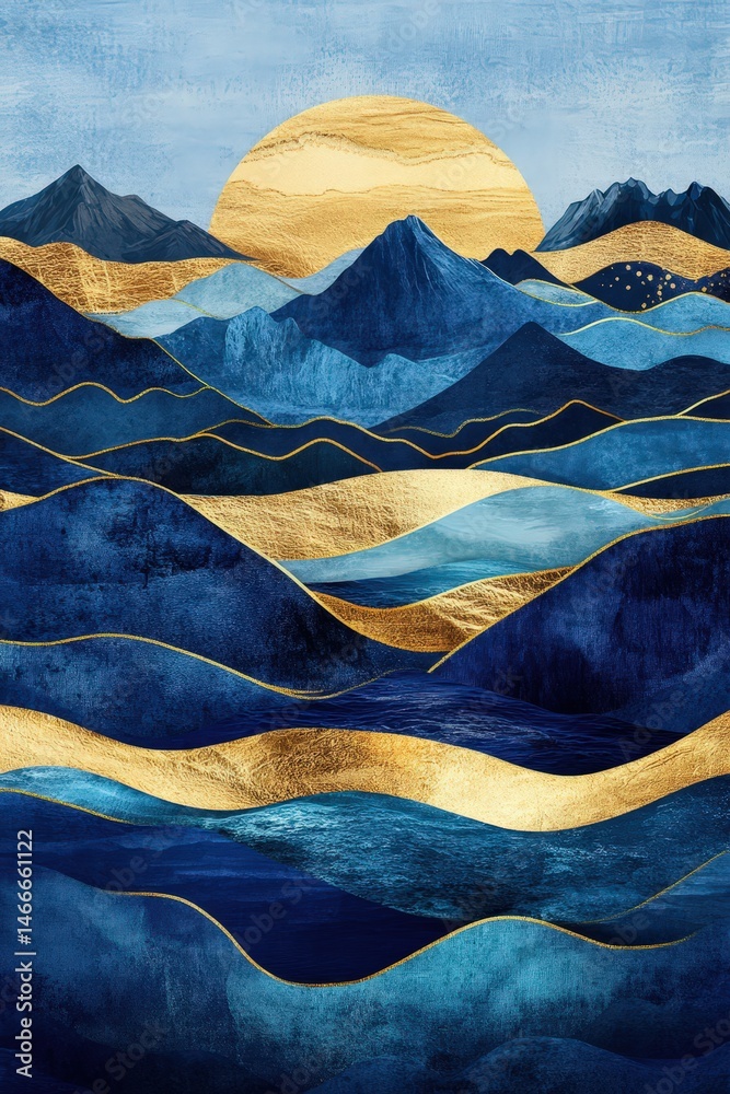 Golden sunrise over blue abstract mountain landscape