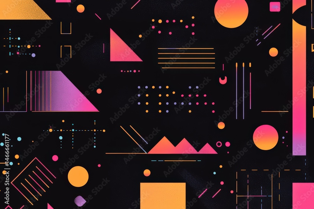 Neon abstract patterns with geometric forms on black