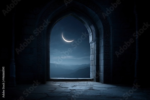 Stone Archway View of Moon and Mountains at Night