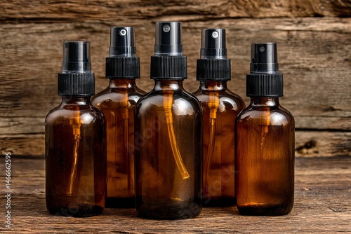 Amber Spray Bottles on Wooden Surface