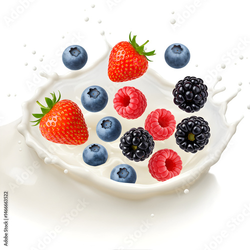 Fresh Berries in Milk Splash: Delicious Summer Fruit on transparent background
