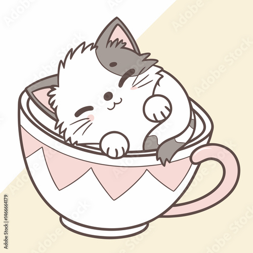 Fluffy kitten sleeping inside teacup with tiny pink paws showing