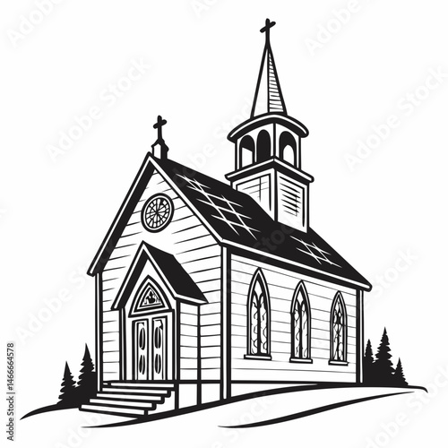 Black and white church icon with gothic arch window