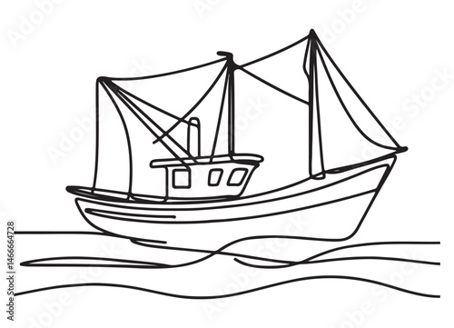 Continuous Line Drawing Fishing Boat Illustration Design Template Graphic