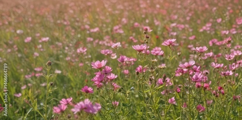 Delicate pink wildflowers sway gently in a sun-drenched field   landscape  greeting  texture
