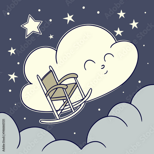 Cloud-shaped chair hovering in night sky with glowing stars