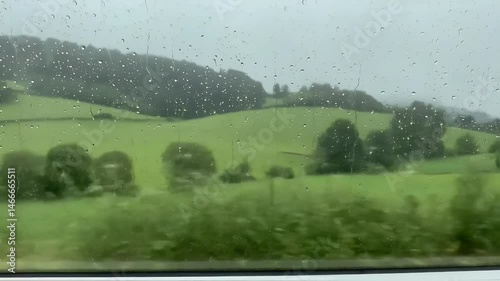 Rainy Train Window View – Soft Countryside Passing By with Nostalgic and Dreamy Ambiance