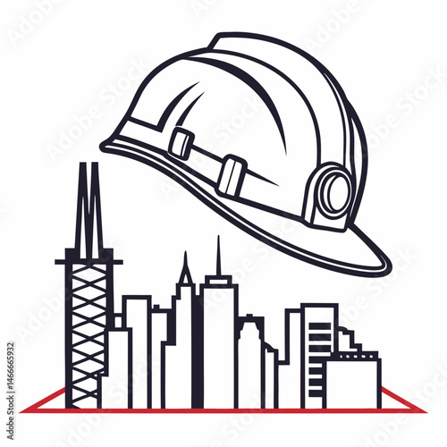 Helmet over skyline silhouette, bold trustworthy contractor symbol