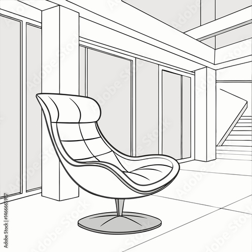 Futuristic floating chair in minimalist white sci-fi interior space